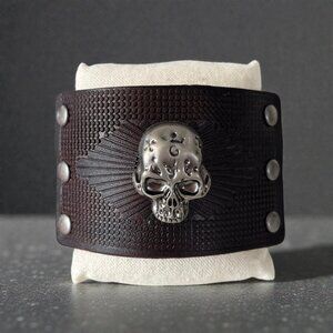 Dark Brown Vintage Skull Leather Men Bracelet